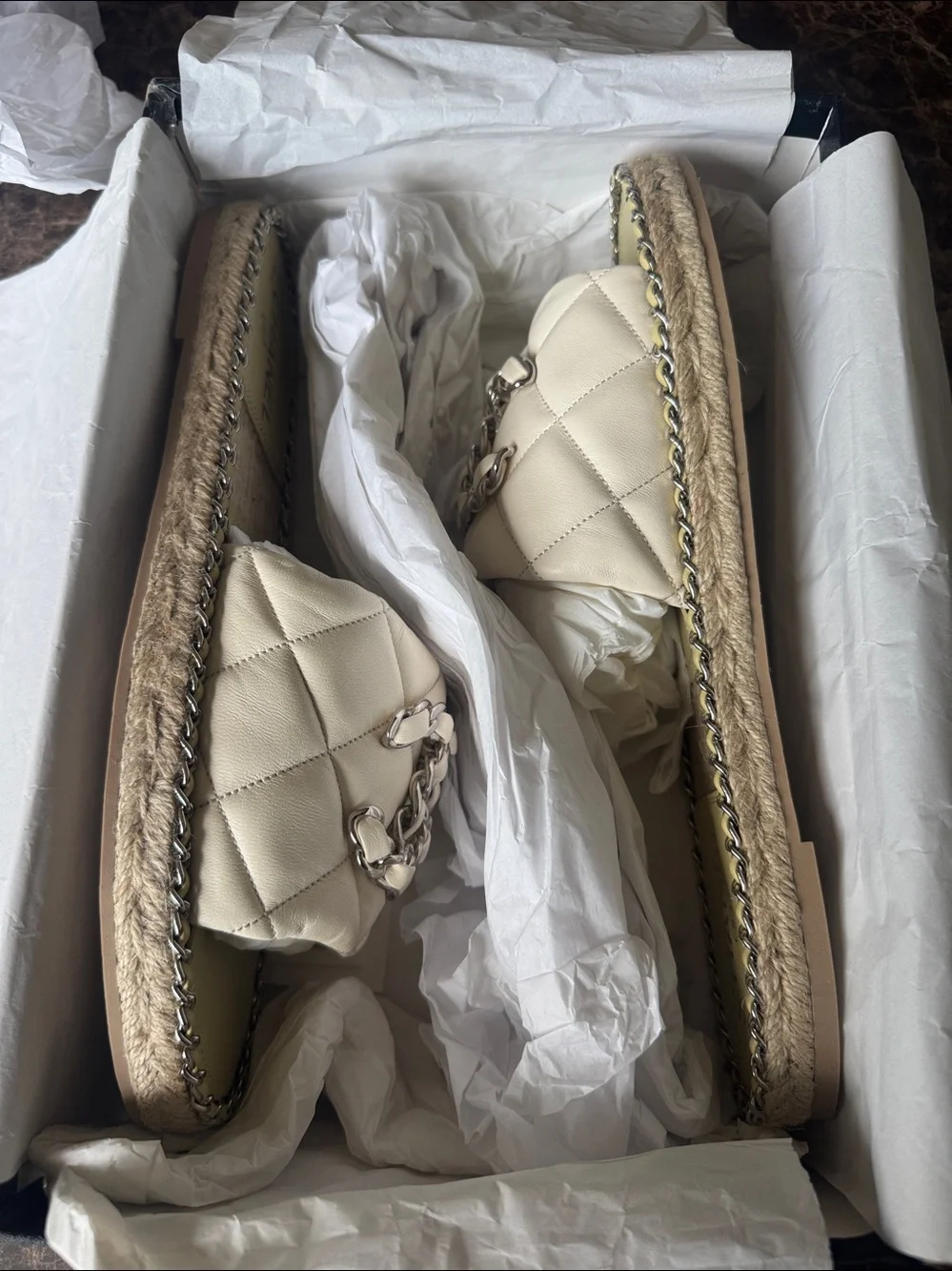 Chanel mules espadrilles flats ivory silver chain sandals sz 41